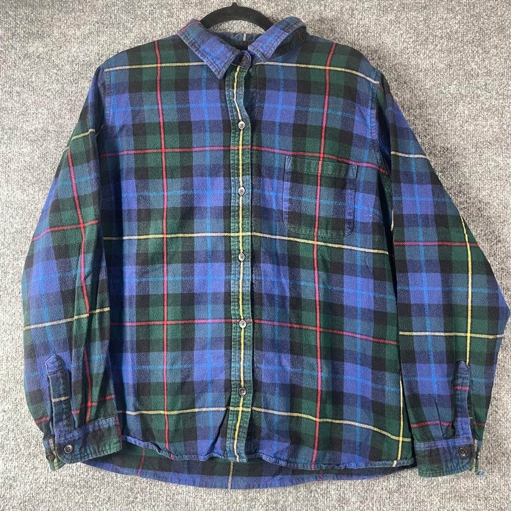 LL Bean Flannel Shirt Womens 2X Blue Green Plaid Relaxed Fit Cotton Fall Outdoor